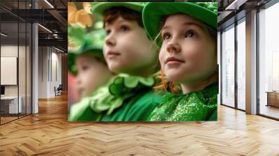 Children in festive green costumes and hats eagerly celebrate St. Patrick's Day, their faces filled with joy and excitement. Wall mural