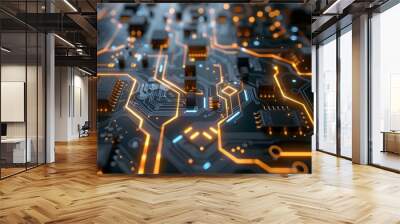 Close-up of an illuminated digital circuit board, technology concept. Wall mural