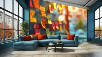 Colorful sticky notes on a glass board in a brainstorming session with a blurred office background Wall mural