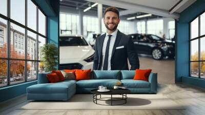 Confident car salesman smiling in dealership showroom Wall mural