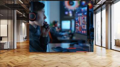 customer service professional wearing headphones, intently working at a computer in a high-tech office environment Wall mural