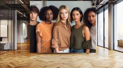 Five diverse young adults stand closely, dressed in stylish outfits against a textured indoor background, reflecting unity and modern sensibilities. Wall mural