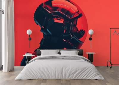 futuristic red robot with advanced armor, set against a vivid red background, showcasing cutting-edg Wall mural