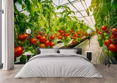 Greenhouse rows teem with ripe red and green tomatoes, lit warmly from above, capturing the essence of abundance and freshness in agriculture. Wall mural