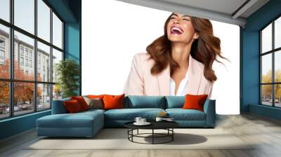 Laughing woman in blush suit, joyful and carefree, on a transparent background Wall mural