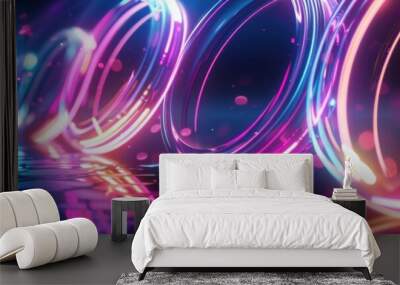 Neon rings emitting vibrant blue, pink, and purple lights create a futuristic, dynamic atmosphere. The glowing rings reflect on the floor, adding depth and energy to the scene Wall mural