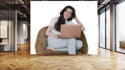 Satisfied brunette Hispanic woman in casual clothes sits in cozy chair with laptop happy after video call. Attractive female remote works, glad to be professional. Business. transparent background Wall mural