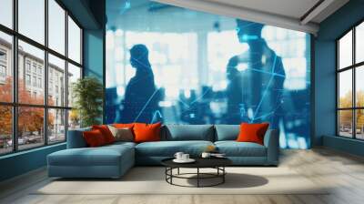 Silhouettes of business people overlaid with digital network connections, symbolizing communication and teamwork in a modern, tech-driven workplace Wall mural