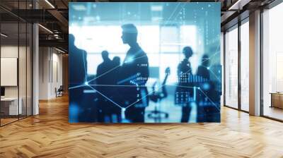 Silhouettes of business professionals in blue-toned office, digital network overlay suggests technology and connectivity. Wall mural