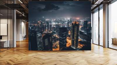 Stunning cityscape at night with illuminated skyscrapers and roads, showcasing urban life and architectural beauty from a high angle. Wall mural