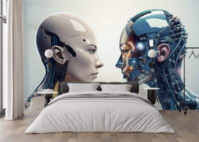 Two futuristic robots face each other, reflecting advanced technology and humanlike features in sleek design. Wall mural