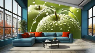 apple in green with water drops on its surface Wall mural