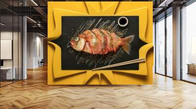 raw fish with spice on black board on yellow background Wall mural