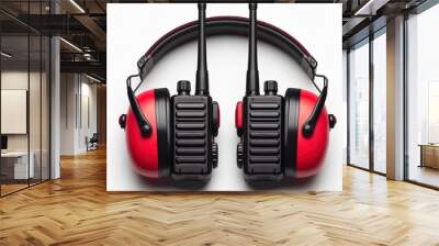 two black walkie-talkie antennas red earmuffs, cut out on white background Wall mural