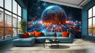 A computer generated image of a planet. Concept of futuristic technology Wall mural