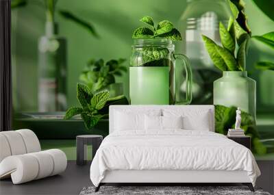 A green background with a glass of mint tea and a bunch of green plants Wall mural