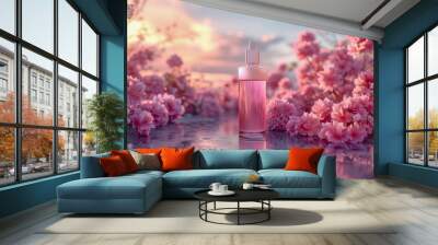 Bottle of perfume surrendered by pink blossom flowers at sunset Wall mural