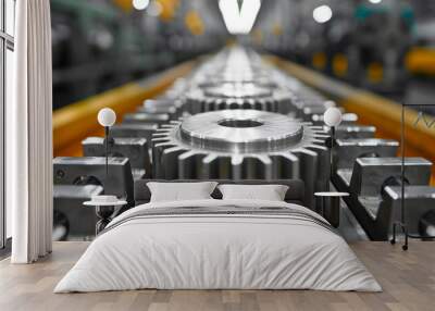 close up row of gears being manufactured in a modern factory Wall mural