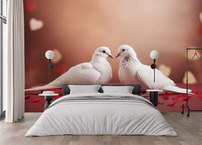 Close up two loving white doves, petals and hearts on blurred background Wall mural