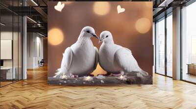 Close up two loving white doves on blurred background. Concept love Wall mural