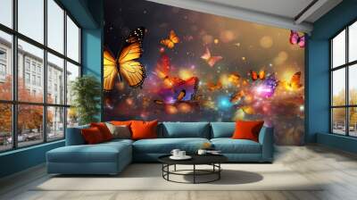 Concept of fantasy world. Flying butterflies in a fantasy world Wall mural