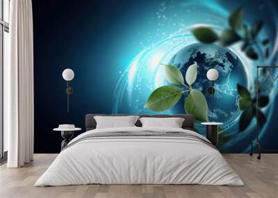 Earth planet with world map on blue background and empty space environmental concept Wall mural