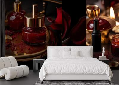 Luxury mock-up with jars, flowers and burning red candle in a cozy setting Wall mural