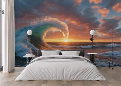 Beautiful sunrise at sea. Large waves shimmer with many colors of yellow-orange sunrise. Wall mural