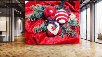 christmas decoration on red background for post card greetings, toy design on tree macro xmas, ball and drum Wall mural