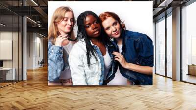 diverse multi nation girls group, teenage friends company cheerful having fun, happy smiling, cute posing isolated on white background, lifestyle people concept, african-american, asian and caucasian Wall mural