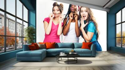 diverse multi nation girls group, teenage friends company cheerful having fun, happy smiling, cute posing isolated on white background, lifestyle people concept, african-american and caucasian Wall mural