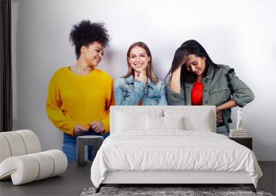 diverse nation girls group, teenage friends company cheerful having fun, happy smiling, cute posing isolated on white background, lifestyle people concept Wall mural