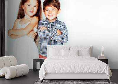 little cute boy and girl hugging playing on white background, happy smiling family, lifestyle people concept  Wall mural