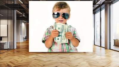 little cute boy wearing sunglasses holding cash isolated on white background, lifestyle people concept Wall mural