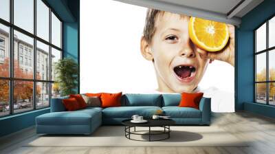 little cute boy with orange fruit double isolated on white smili Wall mural