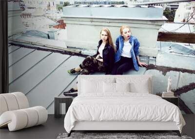 two cool blond real girls friends making selfie on roof top, lif Wall mural