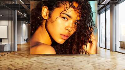 young pretty african curly girl on sunset on beach sexy looking, lifestyle people concept Wall mural