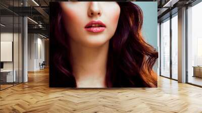 young pretty brunette woman with hairstyle waves, luxury look fashion makeup close up Wall mural