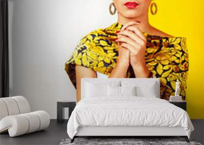 young pretty mexican woman smiling happy on yellow background, lifestyle people concept Wall mural