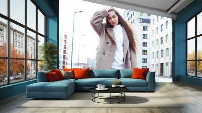 young pretty teenage girl posing cheerful happy smiling wearing street style outside in europe city, lifestyle people concept Wall mural