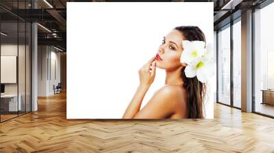 young pretty woman with  Amarilis flower close up isolated on wh Wall mural