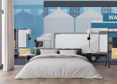 Exterior of industrial warehouse. Worker doing inventory of merchandise. Forklift loading boxes to a refrigerator truck. Cargo and shipping logistics. Industrial storage and distribution of products Wall mural