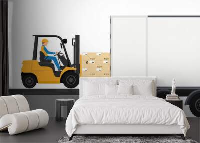 Forklift with man driving in container for export Wall mural