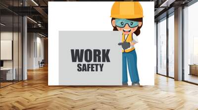 Industrial construction woman worker with her personal protective equipment and work safety poster. Engineer with safety helmet. Industrial safety and occupational health at work Wall mural