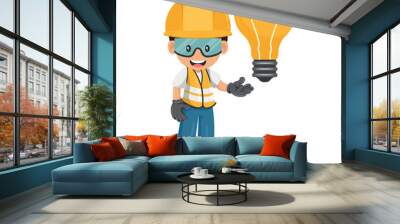 Industrial construction worker with a giant light bulb. Engineer with creative idea symbol. Industrial safety and occupational health at work Wall mural