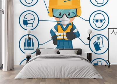 Industrial worker with personal protective equipment and icons, safety pictograms. Industrial safety and occupational health at work Wall mural