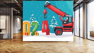 Santa Claus driving a red wheeled telescopic crane placing the year 2024. Christmas winter landscape with snow. Celebrating the beginning of a happy new year. Heavy machinery used in the construction Wall mural