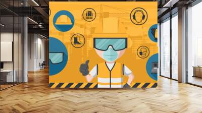 Worker background using his personal protective equipment. Set of industrial safety and occupational health icons for the prevention of occupational risks and accidents Wall mural