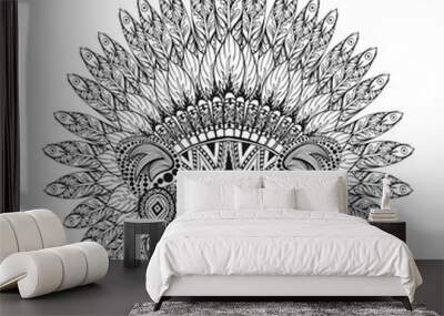 Hand Drawn Raccoon in Feathered War bonnet in zentangle style, h Wall mural