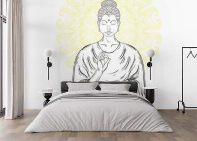 Vector Sitting Buddha in Lotus pose. Buddhism tattoo art, religi Wall mural